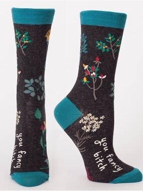 Blue Q-  You Fancy B*tch - Charcoal Floral Crew Socks with Teal Accents